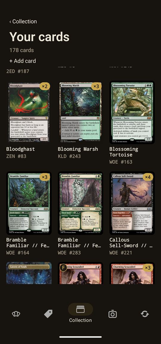Manahaul collection grid: full-art card thumbnails with quantity and foil badges, 178 cards