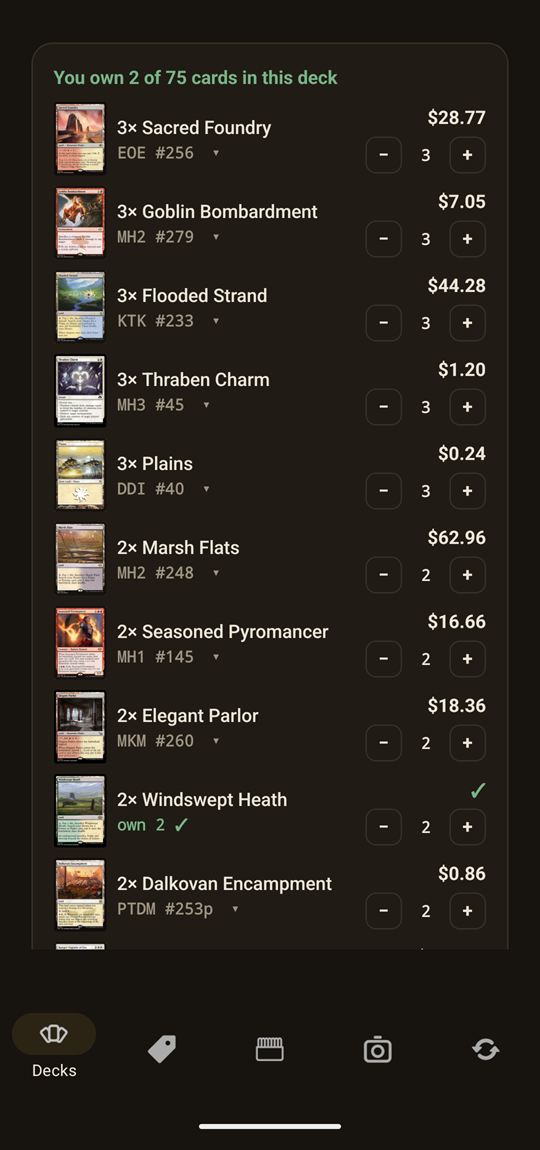 Manahaul deck view showing you own 2 of 75 cards, with per-card prices, quantity steppers, and an owned checkmark