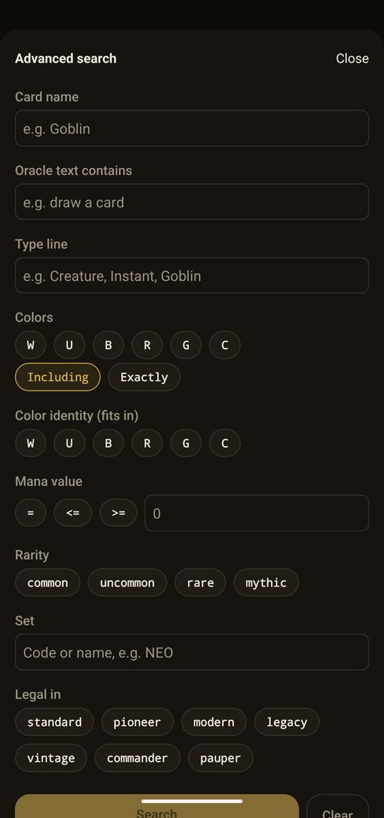 Manahaul advanced search: filters for card name, oracle text, type line, colors, color identity, mana value, rarity, set, and format legality