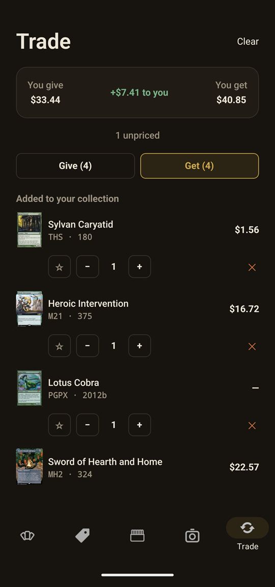 Manahaul Trade tab: give $33.44, get $40.85, +$7.41 to you, with both sides' cards priced line by line